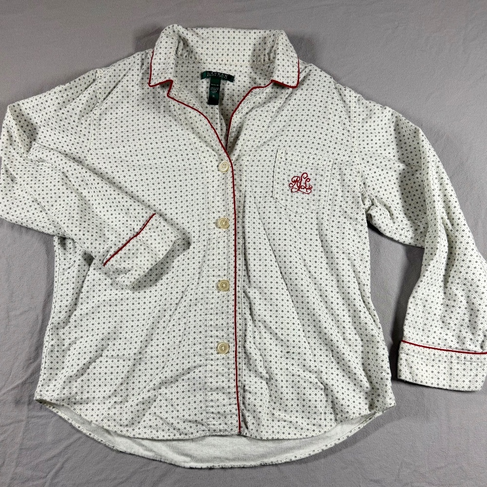 Lauren Ralph Lauren Polka Dot‎ Pajama Style Button Down XL Red Piping Monogram